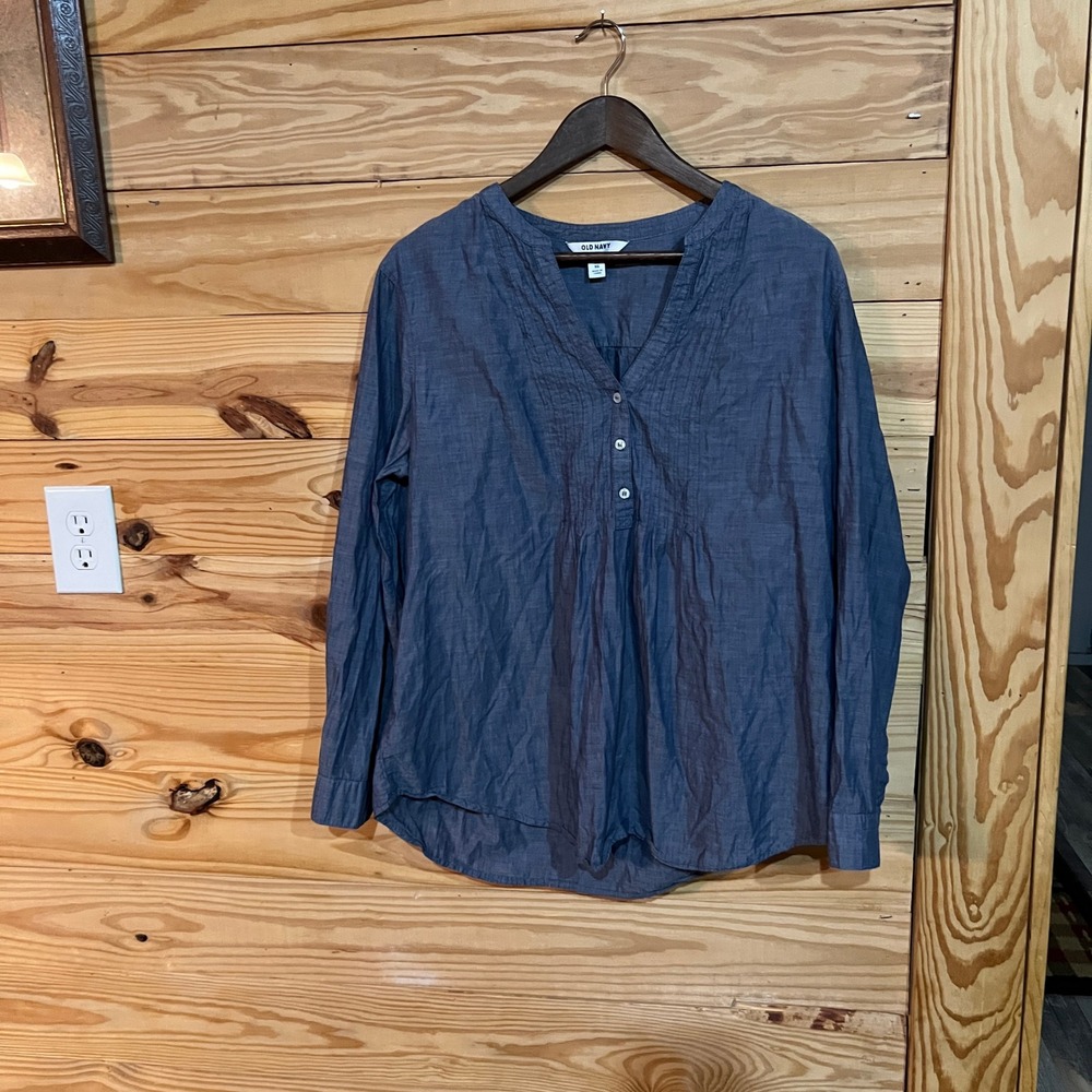 Old Navy Relaxed Blue Chambray Tunic Blouse Pintuck XL Sleeve Top 100% Cotton